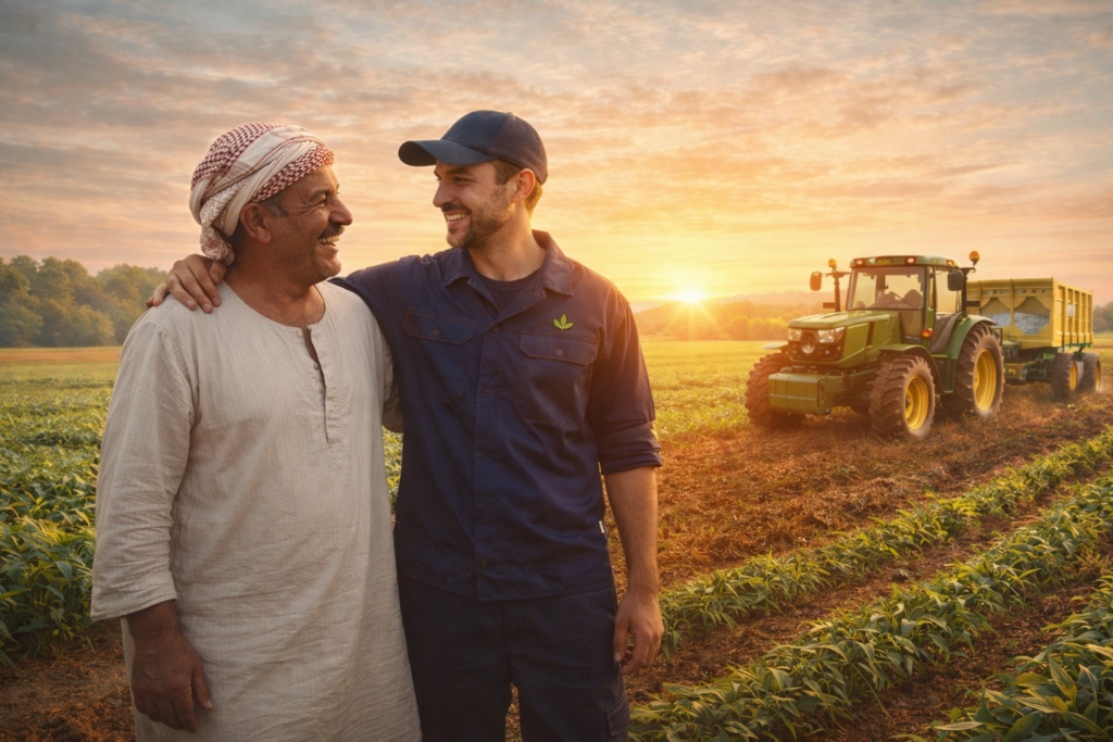 egyptian farmer and technician at sunset